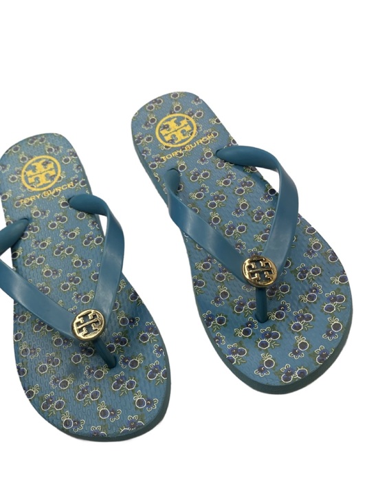 Tory Burch Shoes - Tory Burch Teal Floral Logo Thong Sandals with Gold Emblem
